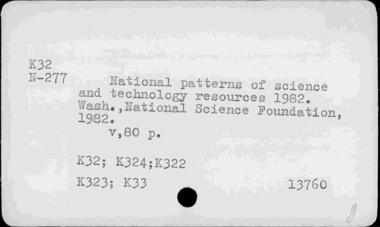 ﻿K32
N-277 National patterns of science and. technology resources 1982. Wash.»National Science Foundation 1982.
v,80 p.
K32; K324;K322
K323; K33	-	13760